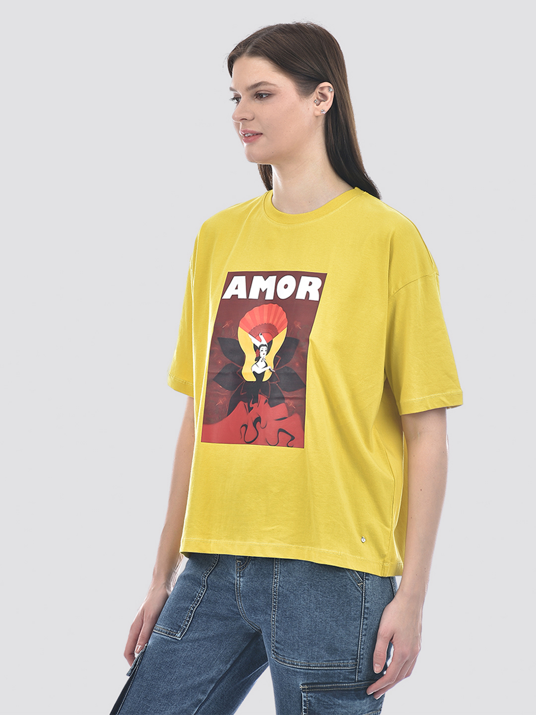 Numero Uno Women Yellow Round Neck Oversize Fit T-Shirt